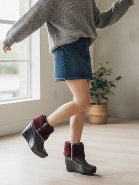 Lemon Jelly Wedge Heel Rain Ankle Boots Black Faux Fur Size EU37